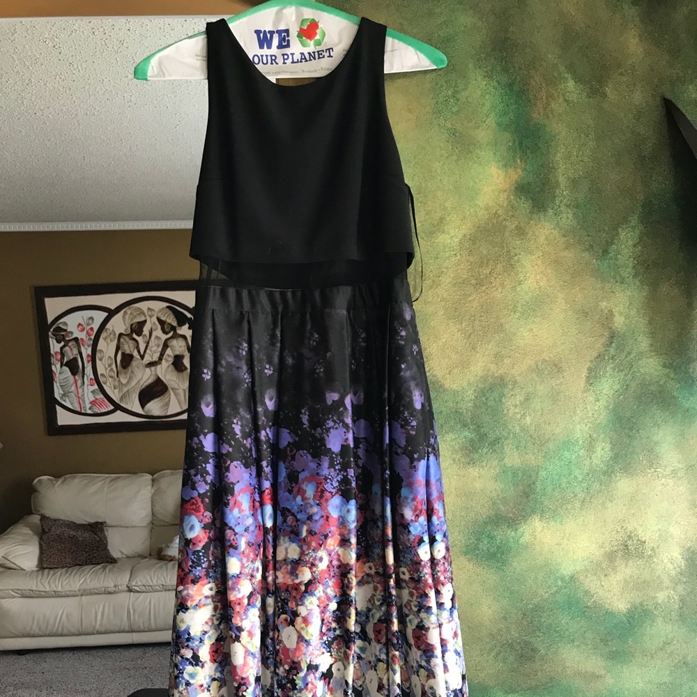 Mesh insert floral prom dress